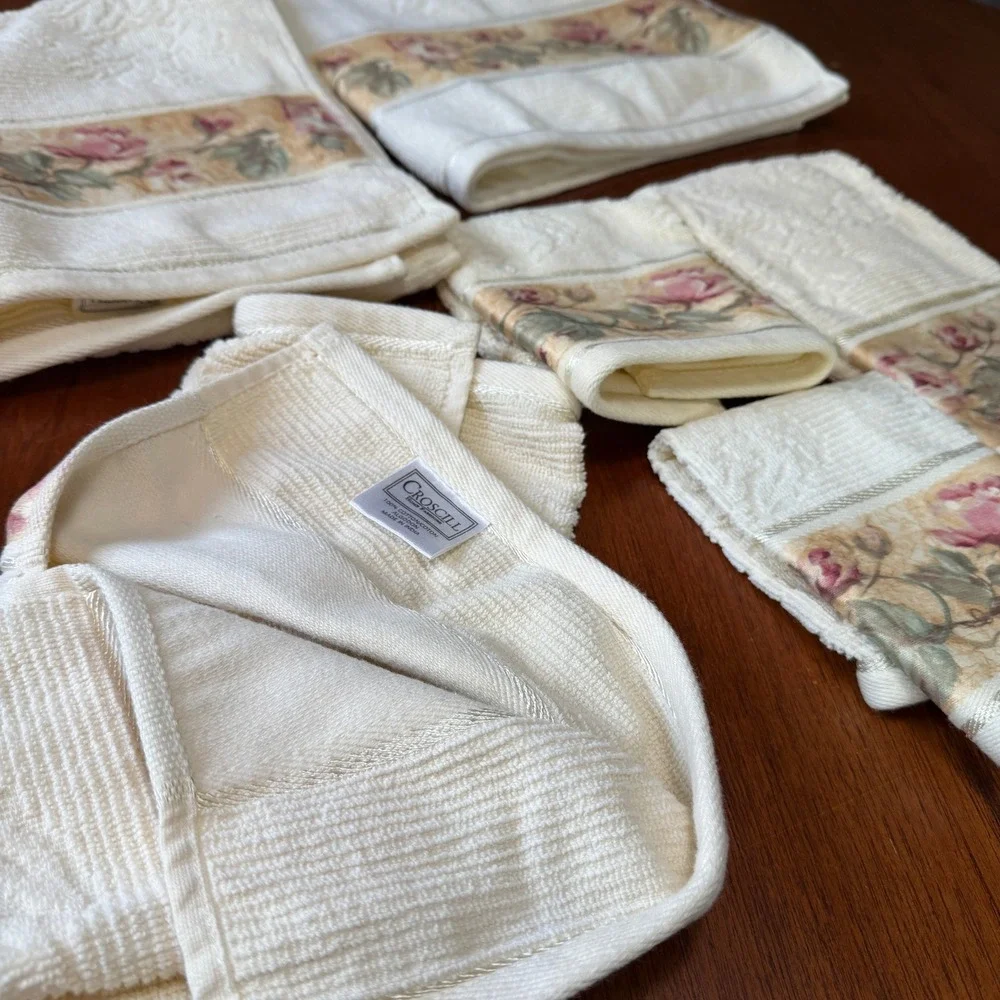 NEW Croscill Floral Rose Ivory Cotton Towel Set 6pc Bath Hand Washcloth Damask
